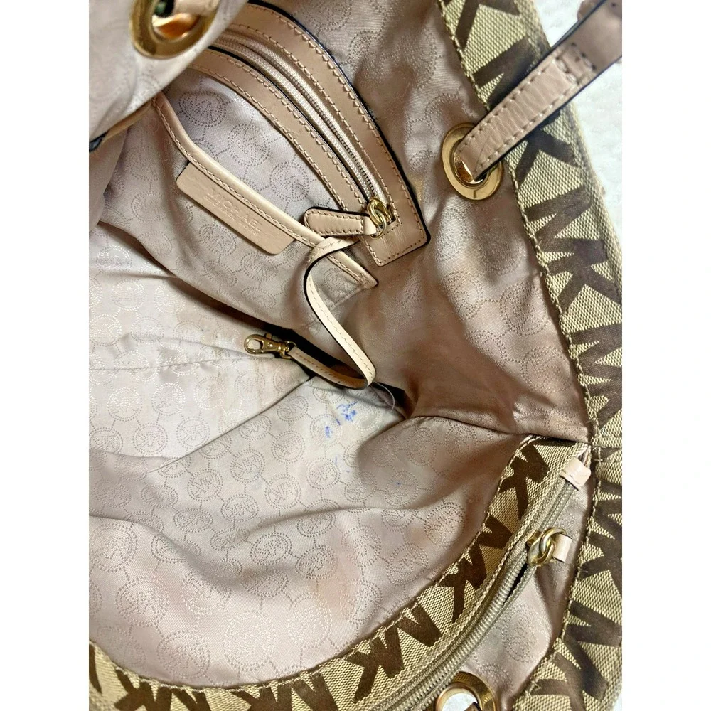 Michael Kors Large Jet Set Travel Tote Vanilla Tan Monogram Canvas Handbag Purse